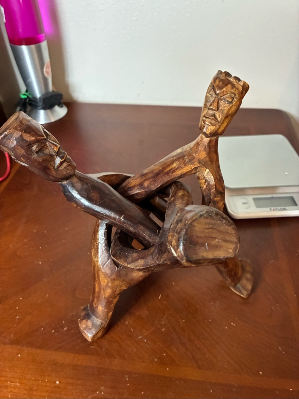 Vintage African Unity Art, Hand Carved, 3 Wooden Men Interlocking Sculpture